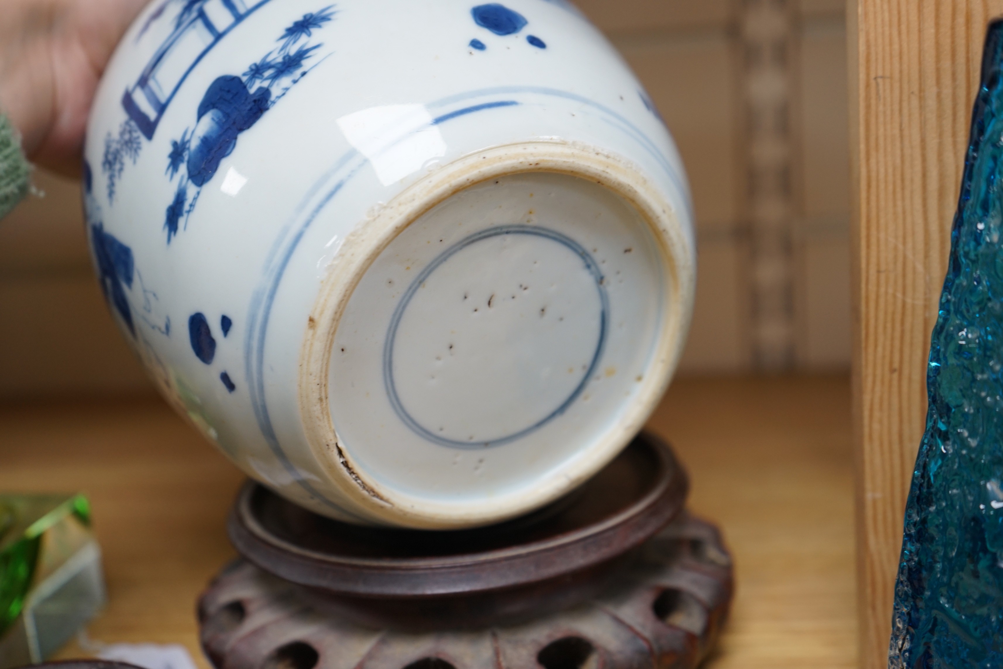 A Chinese blue and white 'boys' jar, 19th century, wood cover and stand, total height 24cm high